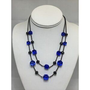 Icing Double Strand Crackle Blue Beads With Gun Metal Gray Chain (1909)